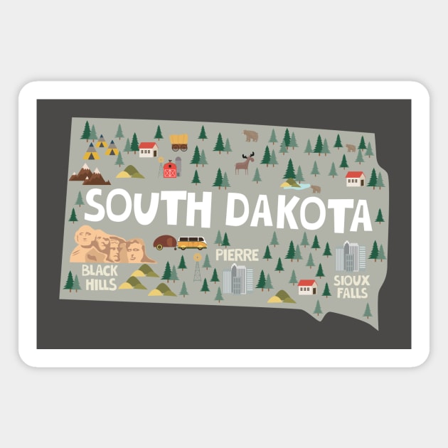 South Dakota State USA Illustrated Map Magnet by JunkyDotCom